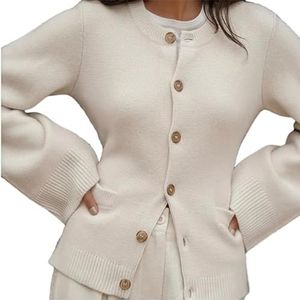 Slimming Button Cardigan Sweater, Fall Cropped Button Cardigan Sweaters for Women, 2023 Long Sleeve Soft Knit Jackets (L,Apricot)