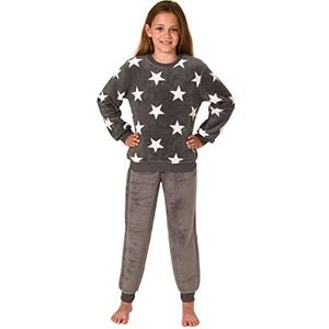 Normann Pyjama voor meisjes met lange mouwen en manchetten in sterrenlook van behaaglijk warm coralfleece, grijs, 152 cm