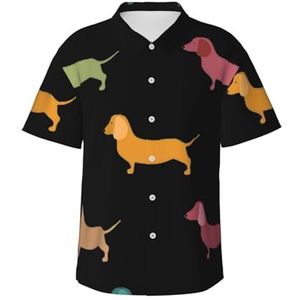Leuke teckel honden print klassiek Hawaïaans shirt voor mannen button down tropische shirts casual strandkleding, Zwart, XXL