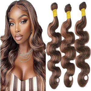 Tuheerst Body Wave Human Hair Bundles P430 Highlight Brown Real Hair Human Hair Extensions Sew in Hair Extension 3 Bundles Double Weft Remy Hair Low Shedding for Woman 12 12 12 Inch