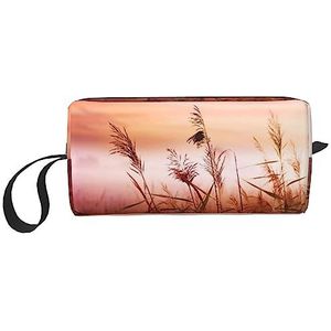 Roze Landschap Riet Make-up Tas Grote Capaciteit Cosmetische Zakken Draagbare Reizen Opbergtas Dagelijkse Toilettas, Wit, Eén maat, Tas Organizer