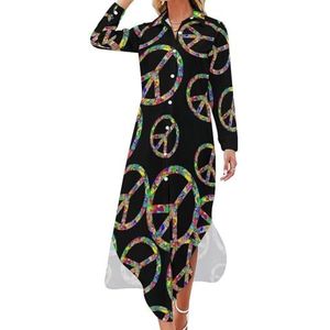 Peace Logo Maxi-jurk voor dames, lange mouwen, knoopjurk, casual feestjurk, lange jurk, 2XL