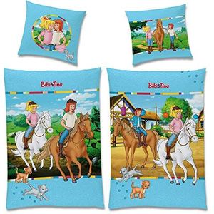 Bibi en Tina flanellen beddengoed voor kinderen, omkeerbaar beddengoed Minky 135 x 200 cm + 80 x 80 cm met YKK-ritssluiting 100% katoen, Bibi Blocksberg Tina paardenbeddengoed Sabrina Amadeus kat