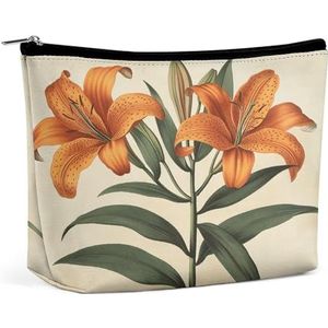 JKLQWH Lederen make-up tas waterdichte cosmetische tas voor vrouwen oranje lelie plant open platte toilettas draagbare tas met rits make-up organizer case voor reisaccessoires, oranje lelie plant, 6,8