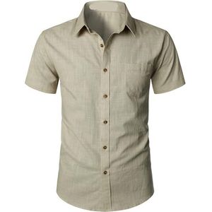 PMVRTHQV Heren getailleerd katoen linnen casual korte mouw button up shirts lichtgewicht strand tops met zak - wit Large, Licht Kaki, XL