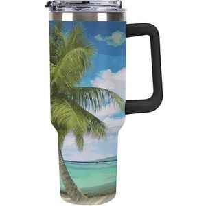 STVNKML 40 oz beker met handvat strand palmboom roestvrij stalen koffiemok herbruikbare reismok lekvrije geïsoleerde autobeker grote capaciteit beker voor reizen, buiten, thuisgebruik (zwart)