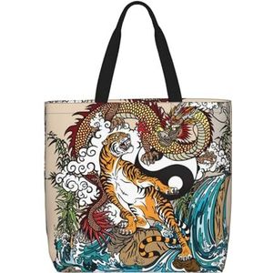 OdDdot Daisy Bloemen Print Tote Bag, Hobo Bag Crossbody Tas Voor Vrouwen Grote Capaciteit Mama Tas Schoudertas, Draak en Tijger, Eén maat