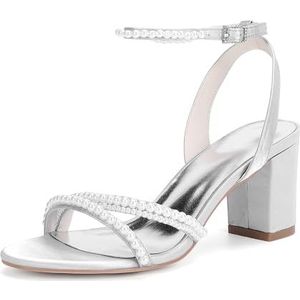 KYEGLO Dames Satijnen Parel Ronde Neus Dikke Hakken, Open Teen Sandalen Met Middelhoge Hakken En Enkelbandje - Feestelijke Trouwjurk Pumps Schoenen,Zilver,36