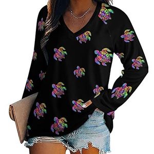 Sea Turtle Tye-Dye T-shirts met lange mouwen en V-hals voor dames, herfsttops, trui, tuniek, T-shirt voor leggings