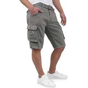 Indicode Kjeld Cargoshorts voor heren, met 6 zakken, incl. stoffen riem van 100% katoen, korte broek, bermuda, zomer, herenshorts, korte cargobroek, korte zomerbroek voor mannen, grijs, S