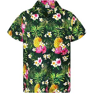 King Kameha Hawaiihemd, voor heren, korte mouwen, borstzakje, Hawaii-print met ananas- en hibiscusmotief, Pineapple Flowers petrolgroen, L