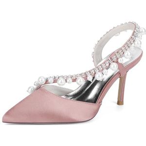 KYEGLO Satijnen Damessandalen Met Spitse Neus En Riempje - Gesloten Neus, Naaldhak Met Strass En Parel, Feestelijke Bruiloftsschoenen, Cadeaus Voor Vrouwen,Roze,36 EU