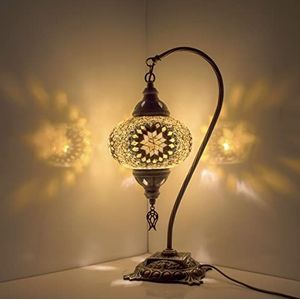 Turkse mozaïek tafellamp, prachtige Marokkaanse stijl, unieke Globe lampenkap, zwanenhals serie (gele ster)