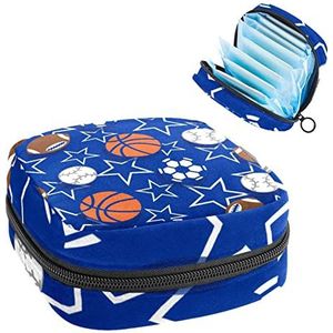 Sport Basketbal Honkbal Soccer Star Blue Print Periode Tas voor Tiener Meisjes Vrouwen Dame, Maandverband Opbergtas met Rits Nylon Draagbare Opslag Menstruatie Pad Bag