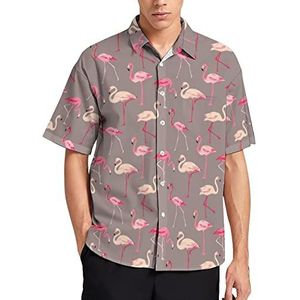 Roze Flamingo Zomer Heren Shirts Casual Korte Mouw Button Down Blouse Strand Top met Zak S