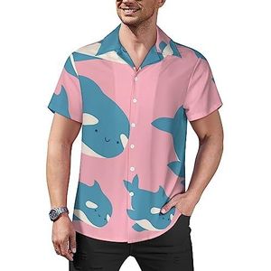 Cartoon Orca Whale Heren Casual Button-Down Shirts Korte Mouw Cubaanse Kraag Tees Tops Hawaiiaans T-shirt XL