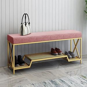 JAVPTAV Moderne Entryway Bench Shoe Storage Bench Seat Luxe Schoenbank met Gouden Schoen Plank, Fluwelen Gestoffeerde Schoenenrek Bank Schoen Organizer (Roze, 100x35x45cm (39x14x18inch)