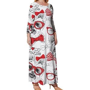 I Love My Yorkie Dog Graphic Plus Size Jurk Voor Vrouwen Casual Lange Mouw Maxi Jurken