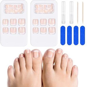 48 stuks Franse valse teennageltips, volledige dekkende korte nepteennagels, 12 maten kunstnagels van acryl met nagelvijlen, stick-on teennagels voor vrouwen, nageldecoraties (roze)