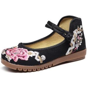 Dames Bloemen Handgemaakte Geborduurde Platte Schoenen Chinese Traditionele Stijl Enkelband Schoenen Cheongsam Walk Show Yoga Ballet Schoenen Casual Slip-On Schoenen(Black,34 EU)