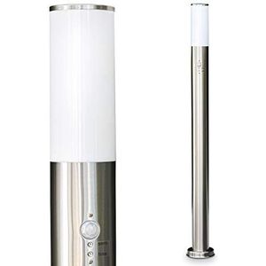 Buitenlamp Caserta met bewegingsmelder, moderne basislamp van roestvrij staal en kunststof ruiten, padlamp 110 cm, tuinlamp met E27 fitting, tuinverlichting IP44, zonder lampen