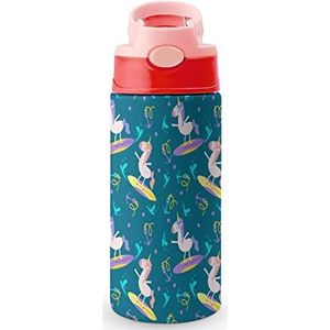 Unicorn on A Surfboard 350 ml waterfles met rietje, koffiebeker, waterbeker, roestvrijstalen reismok voor dames en heren, roze stijl