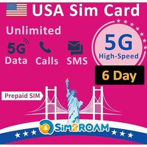 Prepaid simkaart voor in de VS, onbeperkte snelle 5G-/4G LTE-dataverbinding in de VS (inclusief Hawaï), onbeperkt bellen en SMS-en in de VS, herlaadbaar (6 dagen)
