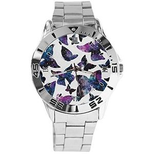 Galaxy Butterfly Mode Heren Horloges Sport Horloge voor Vrouwen Casual Rvs Band Analoge Quartz Horloge, Zilver, armband