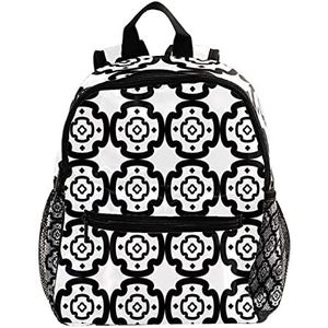 Mini Rugzak Pack Bag Zwart-Wit Herhalende Geometrische Vierkante Bloem Patroon Leuke Mode, Meerkleurig, 25.4x10x30 CM/10x4x12 in, Rugzak Rugzakken