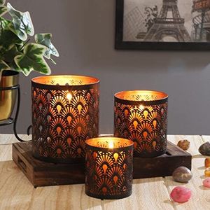 MARRAKESCH Zalia Set van 3 windlichten, 14 cm, groot, van metaal, Oosterse theelichthouder, zwart koper, als tafeldecoratie