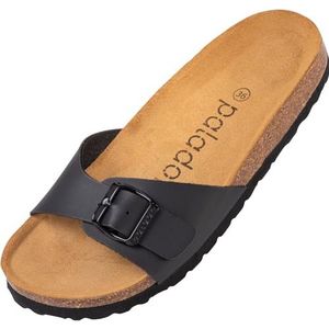 Palado Malta Damesslippers, sandalen, met verstelbare gesp, pantoffels, met kurken voetbed en leren loopzool, Basic mat zwart, 38 EU