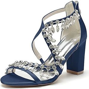 GHSIRUEU Strass Hakken Sandalen Voor Vrouwen Enkelbandje Chunky Blok Hakken Rits Trouwjurk Bruids Sandalen,Marine,36 EU