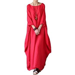 DSKK Elegante jurken voor dames, katoen, linnen, casual outfit voor dames, ronde hals, lange mouwen, linnen jurk, maxi-jurk, losse maxi-jurken, grote maat, Rood, 5XL