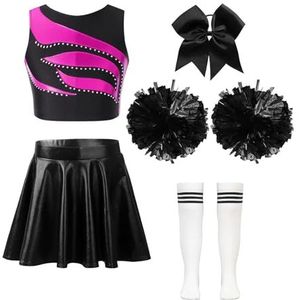 Cheerleader-Uniformen Kinderen Meisjes Cheerleader-Jurken Mouwloze Cheerleader-Uniform Patchwork Crop Top Metallic Rok Hoofddeksel Handbloemen Sokken (Kleur: A Hot Pink White,