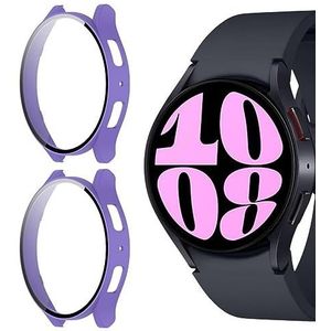 GIOPUEY [2 PACK] Hoesje compatibel met Samsung Galaxy Watch 6 44 mm, glazen beschermfolie + harde plastic rand, Samsung Galaxy Watch 6 44 mm hoesje - paars+paars