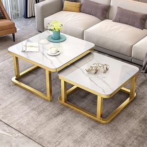 Moderne kamer koffietafel koffietafel/bijzettafel/eindtafel, nestende salontafel set van 2 stapelbare bijzettafels marmeren effect glad gehard glas tafelblad voor woonkamer (kleur: gouden frame, S