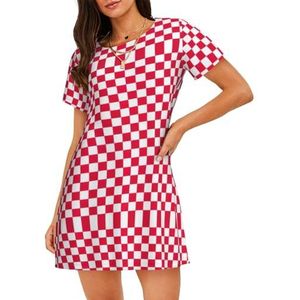 GXUNGT Rode geruite witte vierkante print dames zomergewaad, nachtkleding met korte mouwen, zacht en comfortabel, voor thuis en buiten, Zwart, S