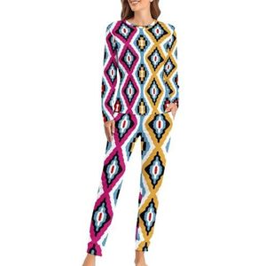 Gekleurde etnische textuur zachte damespyjama met lange mouwen warme pasvorm pyjama loungewear sets met zakken 4XL