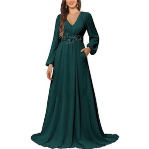 KURFACE Bruidsmeisjesjurk met lange mouwen en zakken, kanten applicatie, chiffon, moederjurk van de bruid, Turkoois, 56 NL/Plus