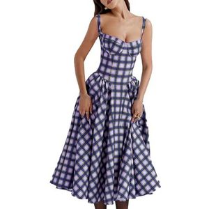ZZMUYUAN Vintage korset voor dames, bloemenjurk, elegante spaghettiband, bustier midi-jurk met zakken, Blauwe Plaid, XL
