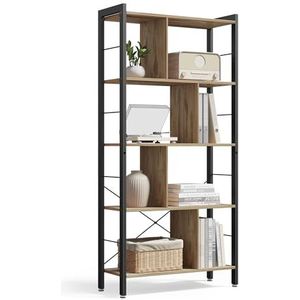 VASAGLE Plank, boekenplank, kantoorplank met 5 lagen, staande plank, opbergplank, groot, metalen frame, kameelbruin-inktzwart LBC012B50