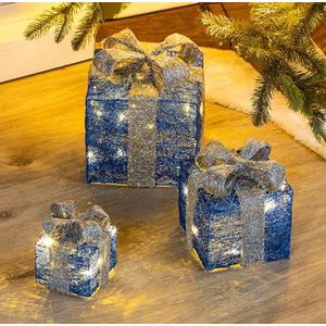 Spetebo LED geschenkdozen met timer set van 3 - blauw - decoratieve kerstdozen warm wit verlicht - Kerstmis advent winter kerstboom decoratie verlichting werkt op batterijen (blauw)