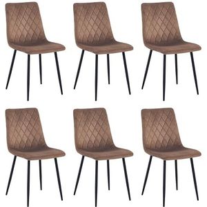 Elisia Eetkamerstoel Set van 6 Bruin - Fluweel - Metalen Poot - Woonkamerstoel - Fluwelen Fauteuil Stoel - Roestvrij Staal Keukenstoel Zwart Metalen Poten - Polyester Stoel - Antislip