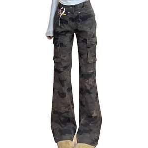 OHERUWKLS Dames Zomermode Casual Y2k Streetwear Losse Camouflage Flared Cargo Jeans,Groen,4XL