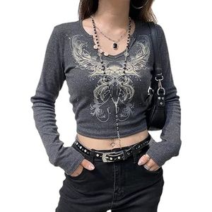 Vrouwen Y2K Lange Mouw Crop Top Vintage Tee Shirt 90S E Meisje Esthetische Tops Fairycore Grunge Gothic Tank, Zwart, S
