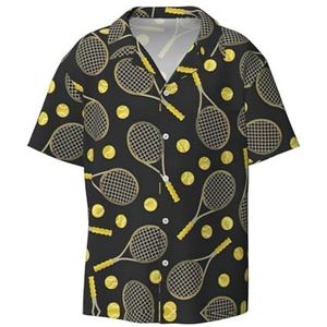 Grappige tennisrackets en tennisballen print heren korte mouw jurk shirts met zak casual button down shirts business shirt, Zwart, 4XL
