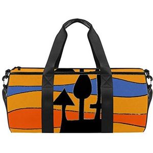 Reizen Strandtassen Grote Sport Gym Duffle Overnachting Zonsondergang Kerk Silhouette Kleuren Oranje Print Schoudertas met Droge Natte Pocket