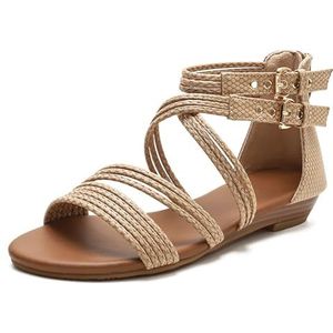 Wedgesandalen Voor Dames, 0,8 Inch Zomer Open Teen Enkelband Kruis Romeinse Schoenen, Outdoor Casual Nette Sandalen(Apricot,42 EU)