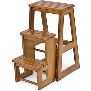 COSTWAY Ladderstoel opstapstoel trapladder huishoudelijke ladder kruk ladder gemaakt van massief hout, opvouwbaar, 3 treden (natuur)