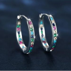 Regenboog Zirkoon Hoop Earring Multicolor Rhinestone Ronde Oorbellen Voor Vrouwen Champagne Goud Zilver Kleur Bruiloft Sieraden Accessoire-Zilver